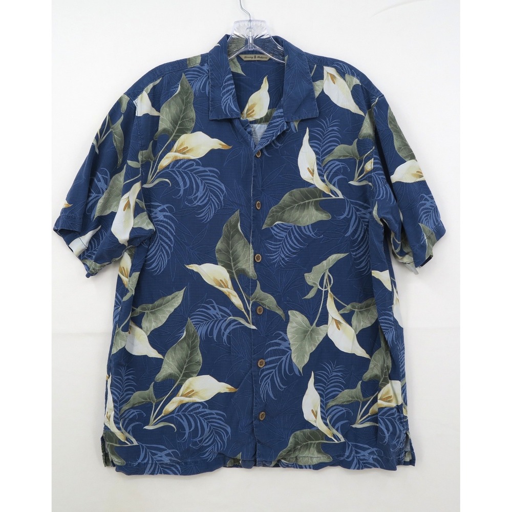Tommy Bahama Mens Silk Camp Shirt Blue Calla Lily Tropical Floral Print Medium
